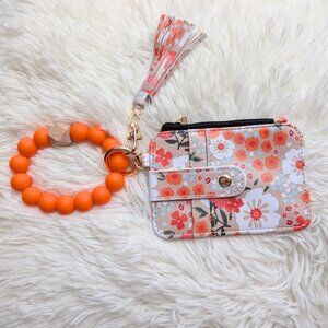 Floral Card & Coin Holder w/ Bracelet | Orange Silicone Bead Keychain + Tassel